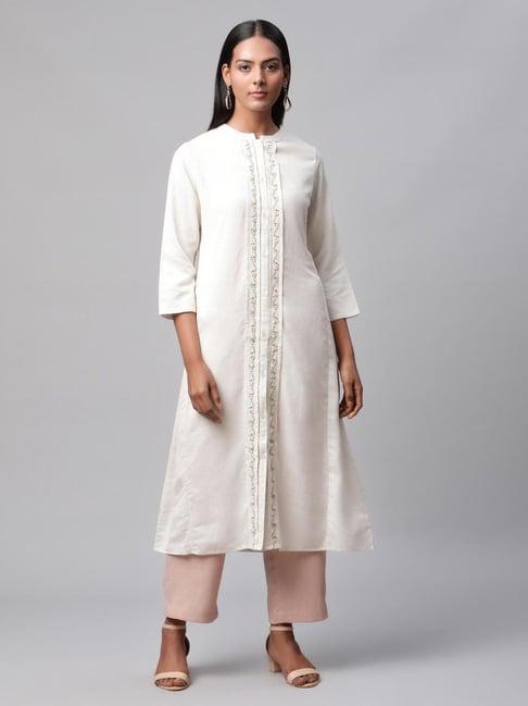 linen club women off white embroidered kurta