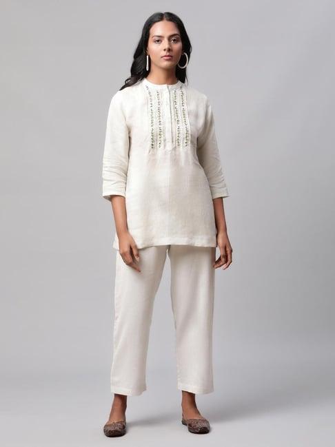 linen club women off white embroidered kurta