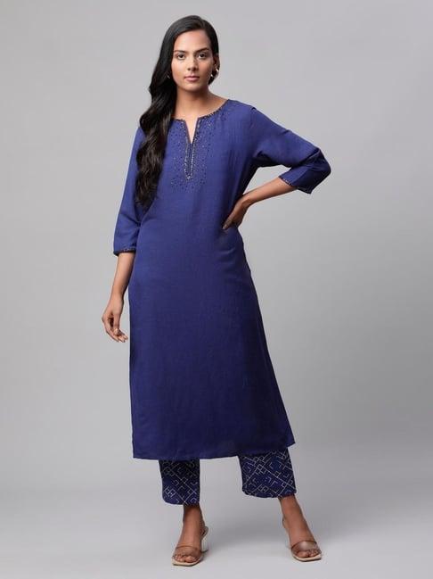 linen club women navy embellished kurta set