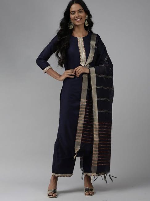 indo era navy embellished dupatta