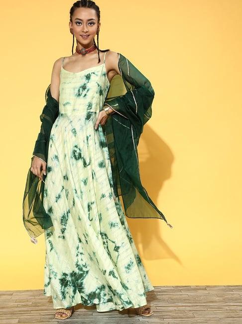 indo era green printed maxi dress