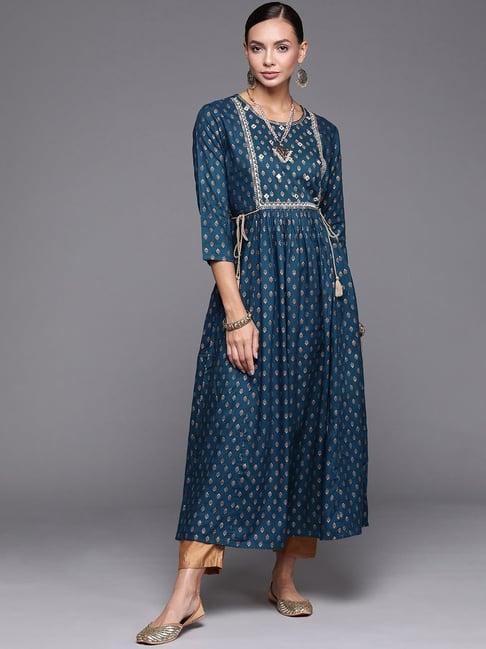 indo era blue embroidered a line kurta