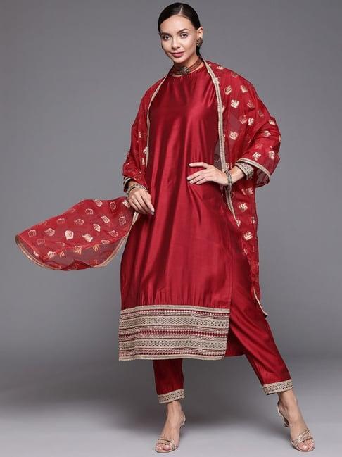 indo era red embroidered kurta palazzo set with dupatta