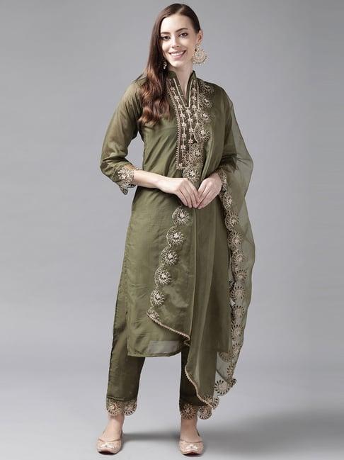 indo era green embroidered kurta pant set with dupatta