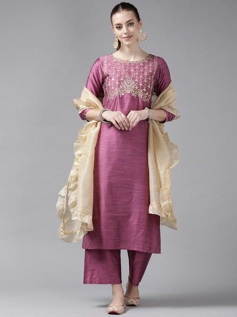 indo era purple embroidered kurta palazzo set with dupatta