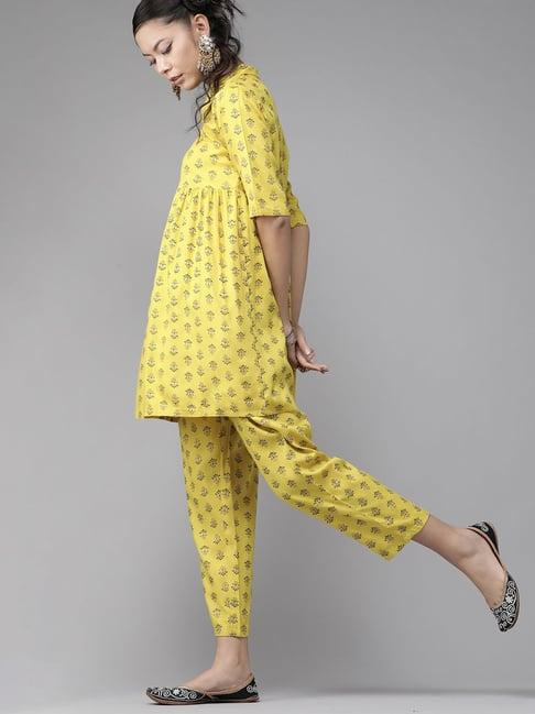 indo era yellow pure cotton printed kurti pant set