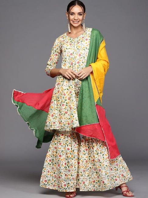 indo era off white & yellow printed kurta sharara set with dupatta