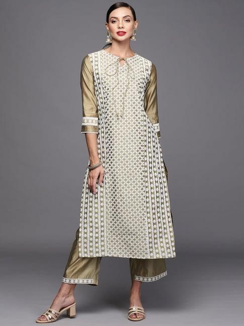 indo era olive green & white embroidered kurta palazzo set with dupatta