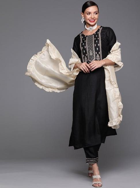 indo era black embroidered kurta pant set with dupatta