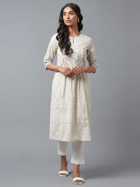 w off-white cotton floral print straight kurta