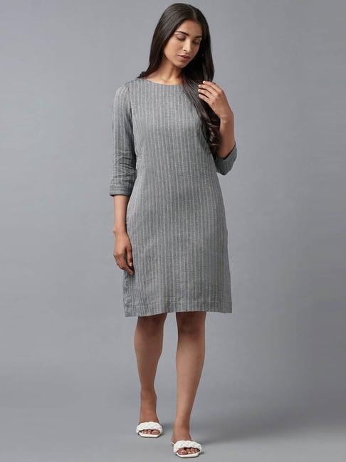 w grey cotton striped a-line dress