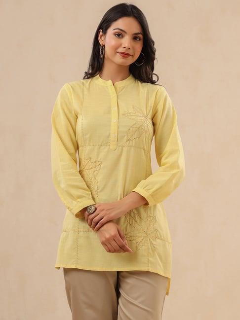 juniper yellow ethnic motif printed cotton slub kurta with thread & sequins work embroidery