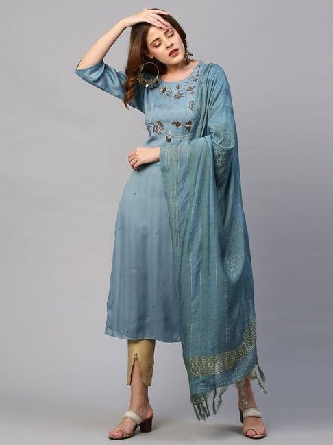 fashor blue rayon embroidered kurta bottom set with dupatta