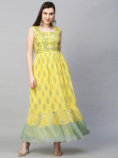 fashor yellow cotton blend embroidery dress