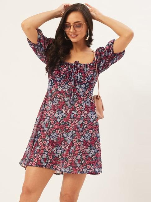 anvi be yourself blue & pink floral print a-line dress