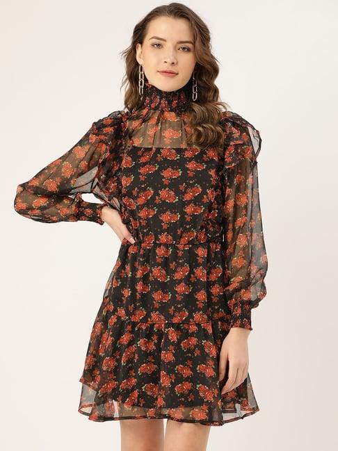 anvi be yourself black & red floral print a-line dress