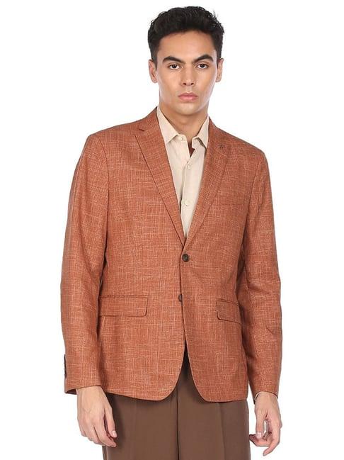 arrow orange regular fit self pattern blazers