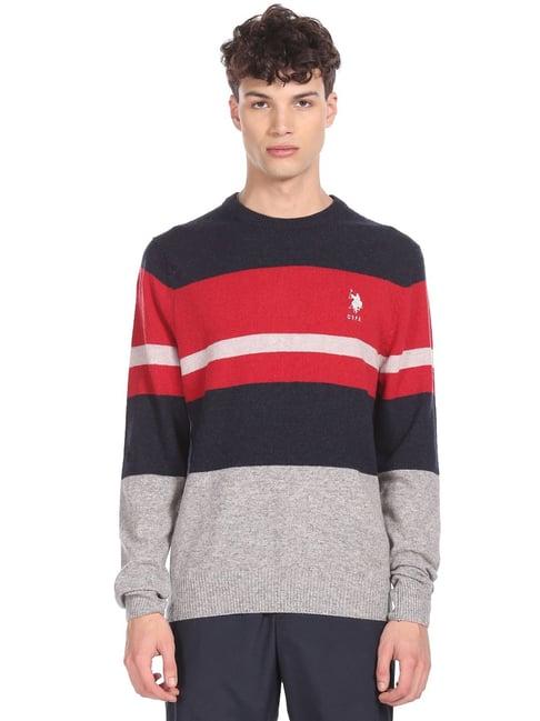 u.s. polo assn. navy & red regular fit colour block sweater