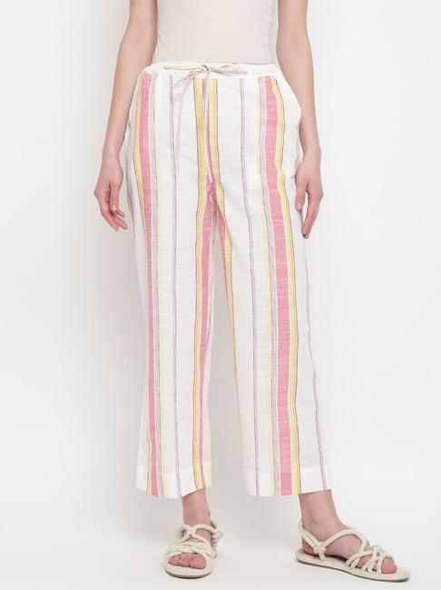 fabindia white & pink cotton striped pants