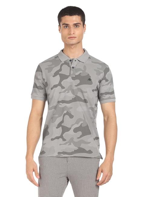 aeropostale grey cotton regular fit camouflage polo t-shirt