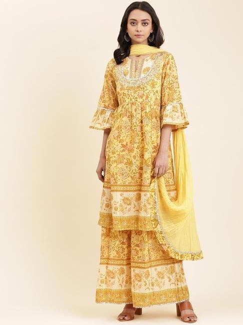 aarke ritu kumar yellow floral print suit set