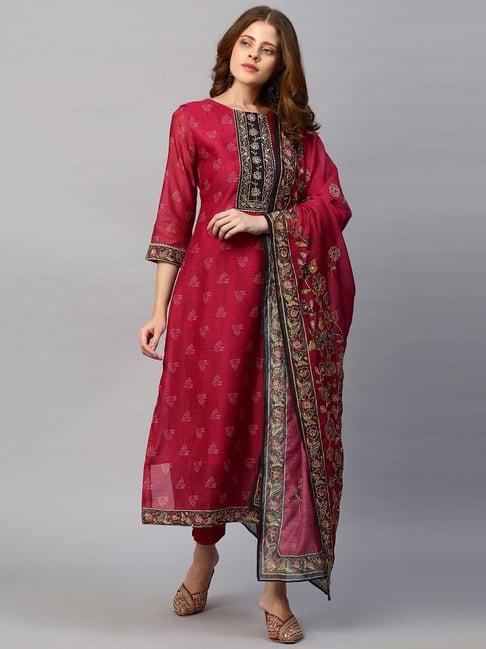 fashor red printed kurta pant set with dupatta