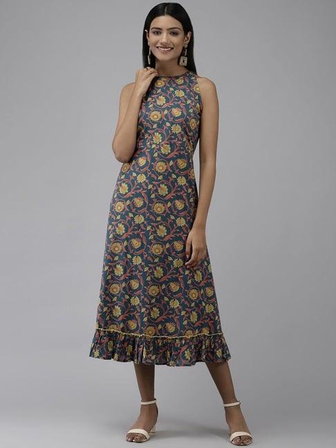 yufta blue cotton floral print a-line dress