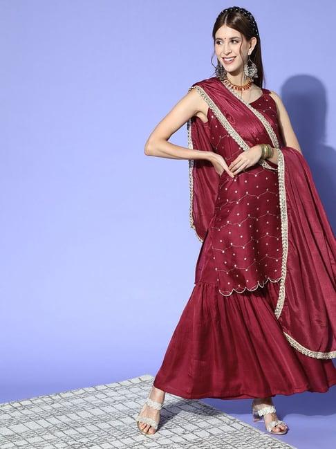 yufta maroon printed kurti sharara set with dupatta