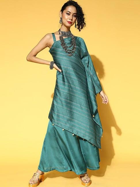 yufta green stripes kurta palazzo set with dupatta