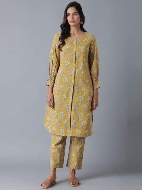 folksong by w yellow cotton printed kurta pant set