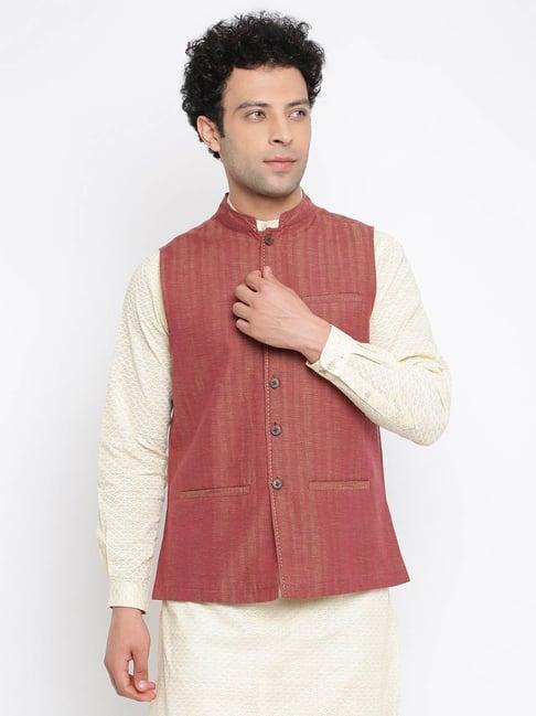 fabindia maroon striped mandarin collar nehru jacket