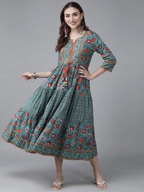 rain and rainbow teal blue & red cotton floral print a-line dress