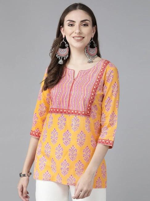 rain and rainbow orange & pink cotton printed straight kurti