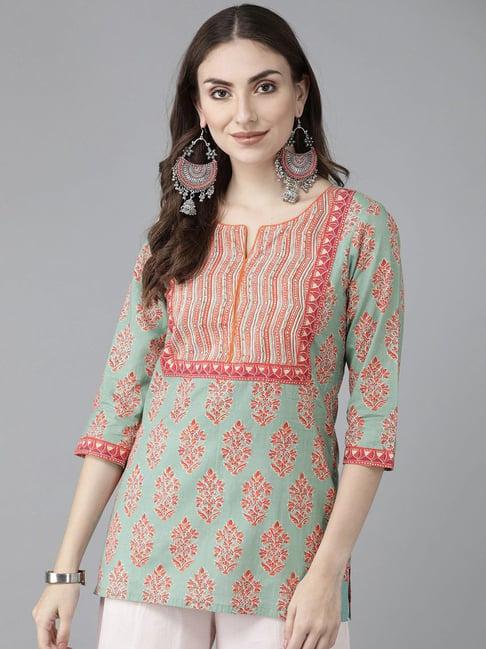 rain and rainbow green & orange cotton printed straight kurti