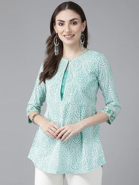 rain and rainbow sea green & white cotton printed a line kurti