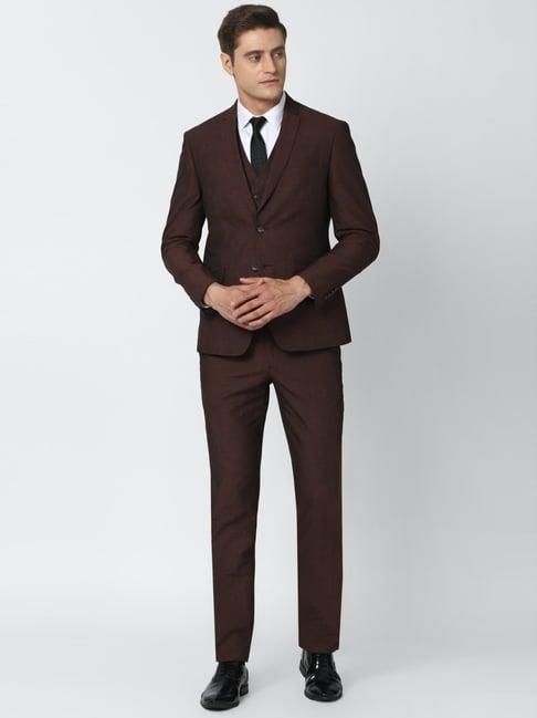 van heusen maroon skinny fit self pattern three piece suit