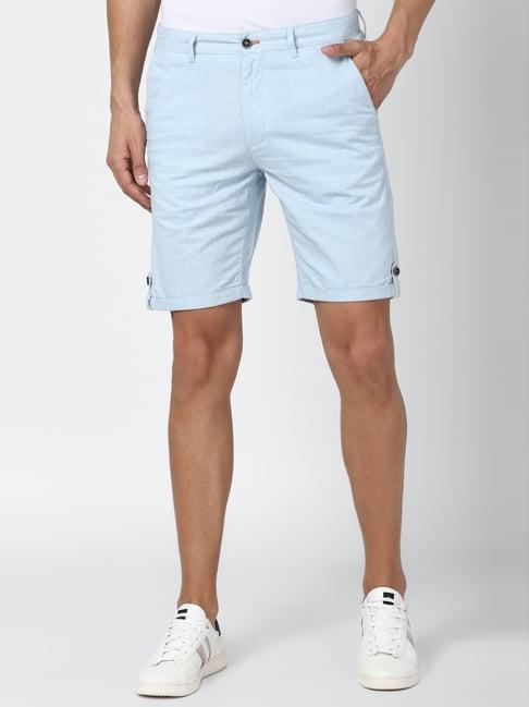 peter england blue cotton regular fit self pattern shorts