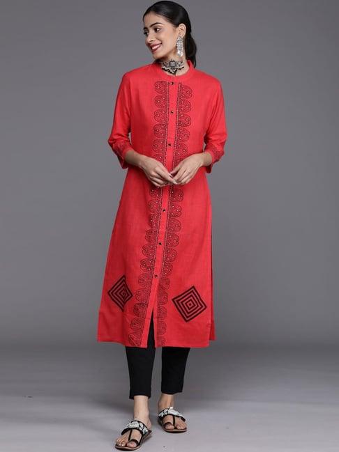 ksut red cotton printed straight kurta