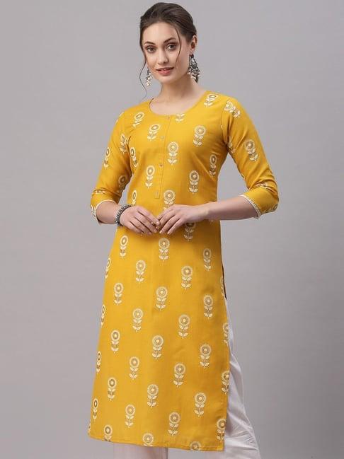 satrani yellow printed straight kurta