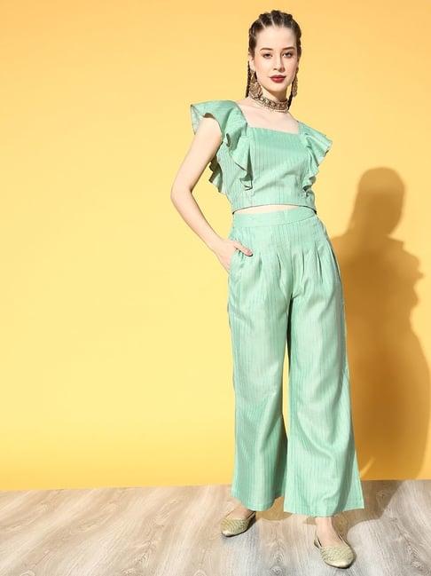 yufta green striped crop top pant set