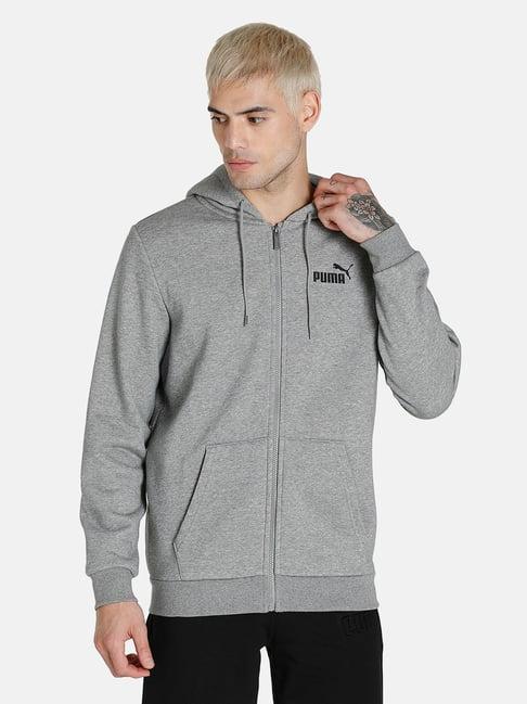 puma ess grey cotton regular fit hooded sweatshirt