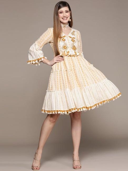 ishin off-white & peach cotton embroidered a-line dress