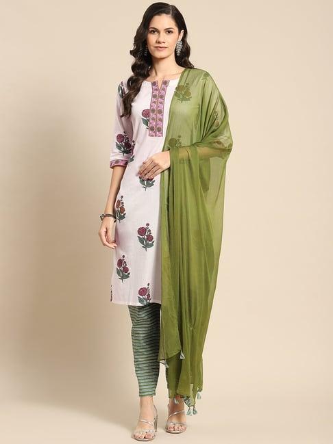 gerua white & green cotton floral print kurta pant set with dupatta