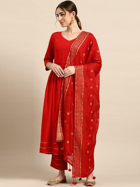 gerua red kurta pant set with dupatta