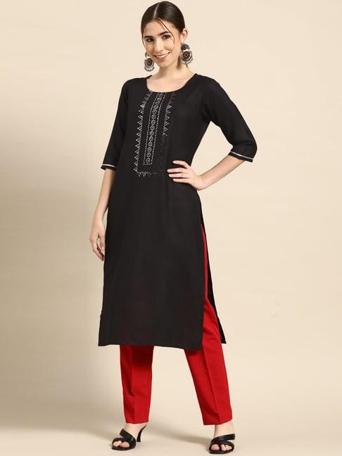 gerua black cotton embellished straight kurta