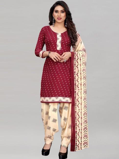 satrani maroon & beige printed unstitched dress material