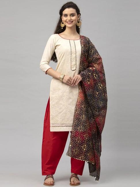 satrani beige & red embroidered unstitched dress material