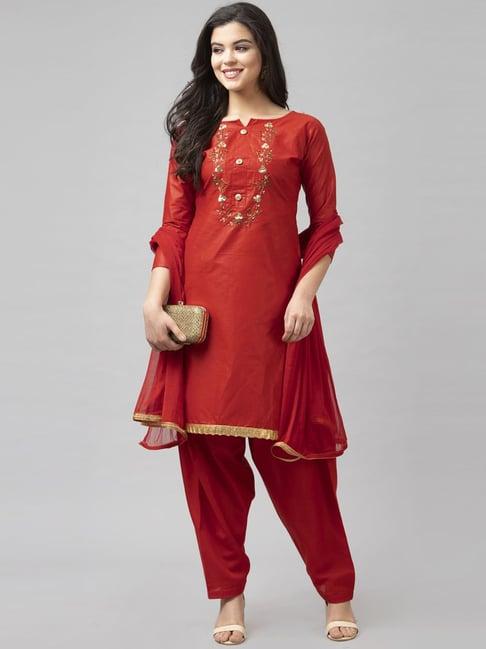 satrani red cotton embroidered unstitched dress material