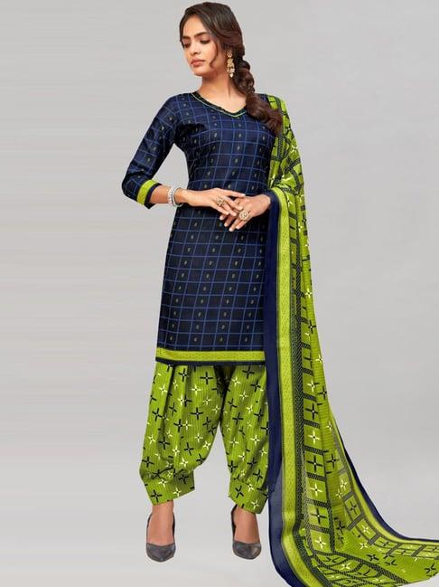 satrani navy & green cotton printed unstitched dress material