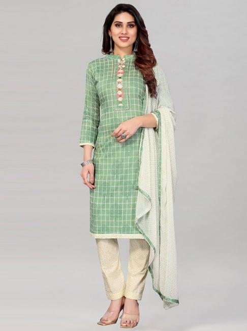 satrani green & beige cotton printed unstitched dress material